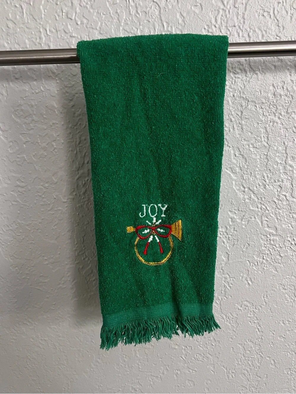 Vintage Cannon Christmas Hand Towel Green JOY Horn Embroidered Fringe Cotton